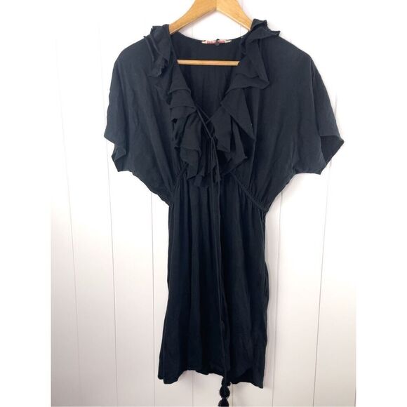 Rebecca Taylor Ruffled Elastic‎ Waist Short Sleeve Cotton Dress Black Lace Up S - Picture 1 of 13